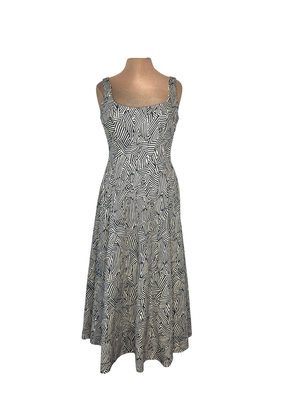 Christian Lacroix Sleeveless Navy & White Geometric Midi linen Dress Small (4)